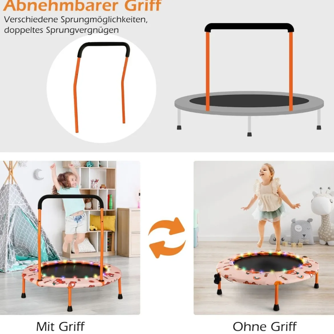 Ø92 cm Kindertrampolin Mini Trampolin mit LED-Beleuchtung & abnehmbarer Griff
