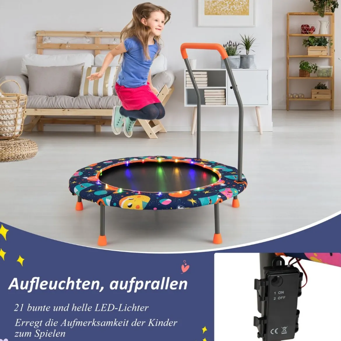 Ø92 cm Kindertrampolin Mini Trampolin mit LED-Beleuchtung & abnehmbarer Griff