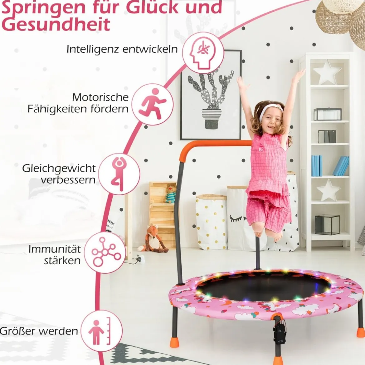 Ø92 cm Kindertrampolin Mini Trampolin mit LED-Beleuchtung & abnehmbarer Griff