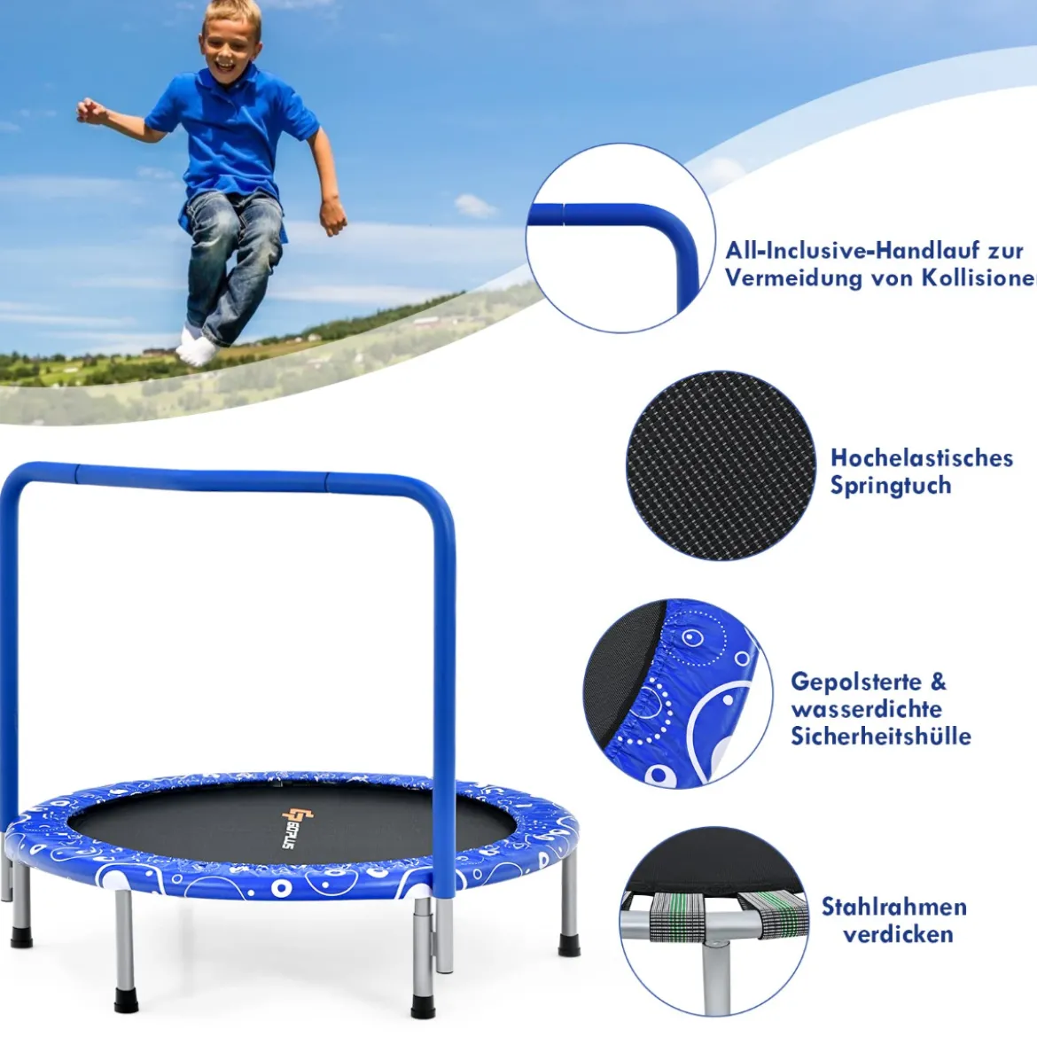 φ92 cm Kindertrampolin mit Griff Mini-Trampolin bis 150kg Belastbar Klappbares Trampolin