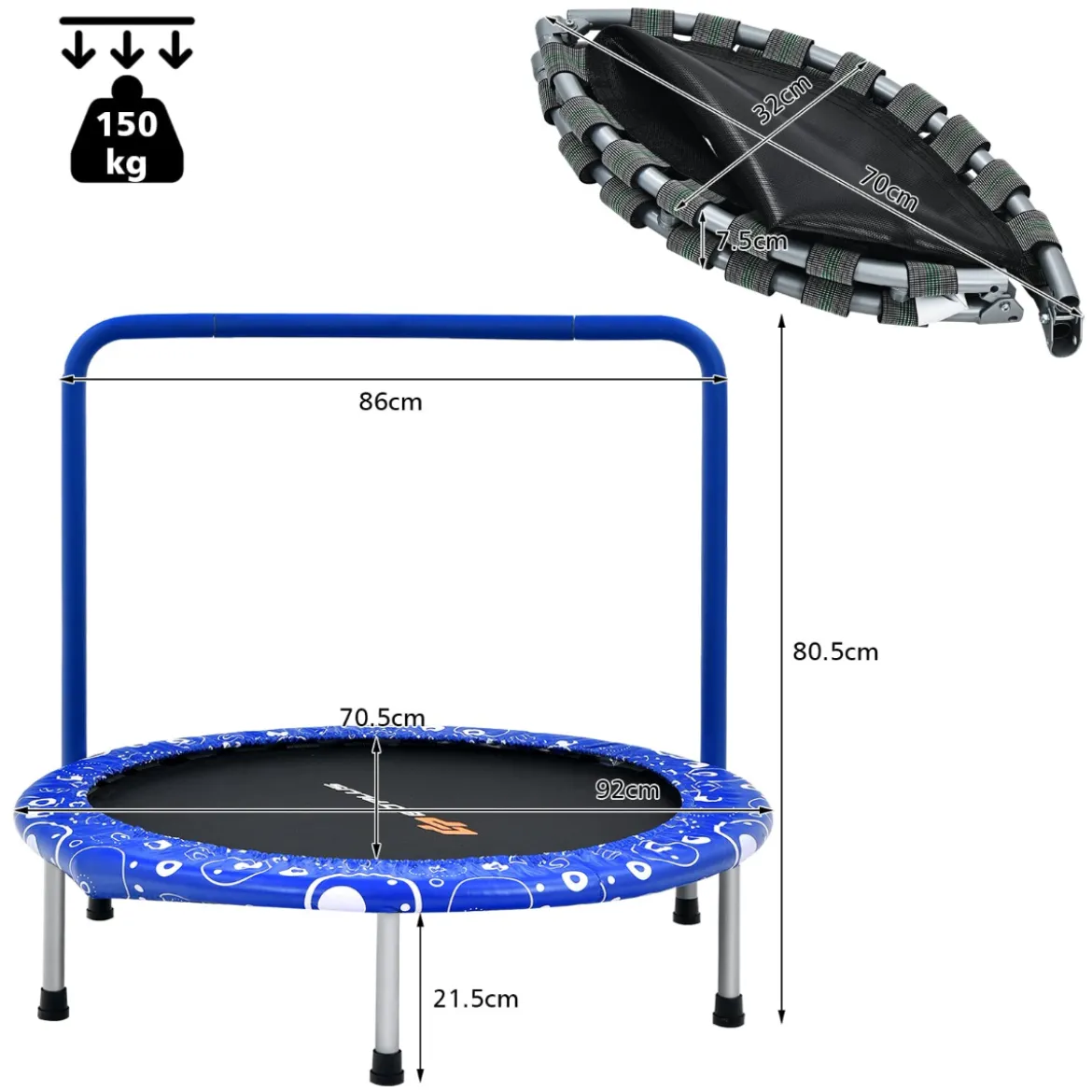 φ92 cm Kindertrampolin mit Griff Mini-Trampolin bis 150kg Belastbar Klappbares Trampolin