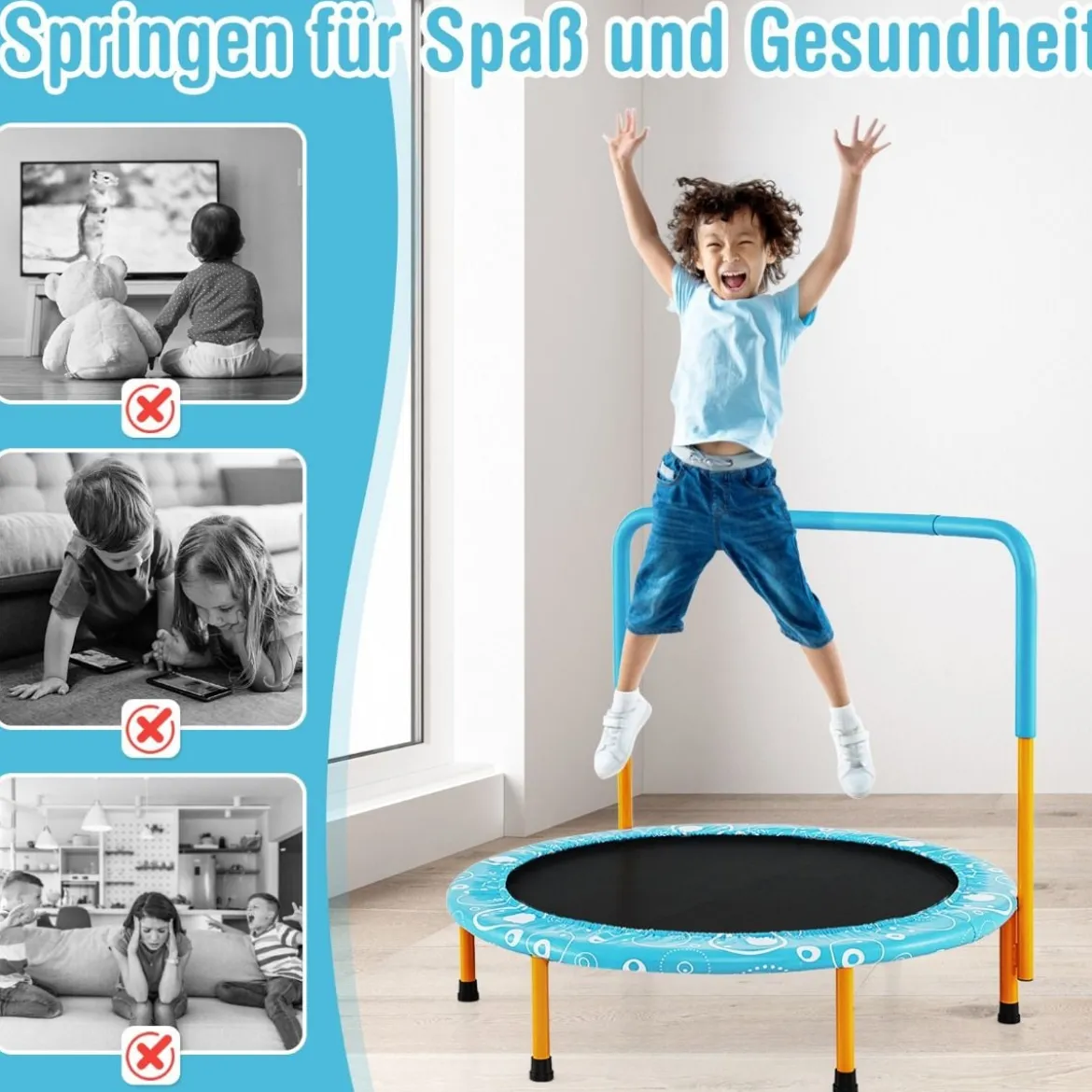 φ92 cm Kindertrampolin mit Griff Mini-Trampolin bis 150kg Belastbar Klappbares Trampolin