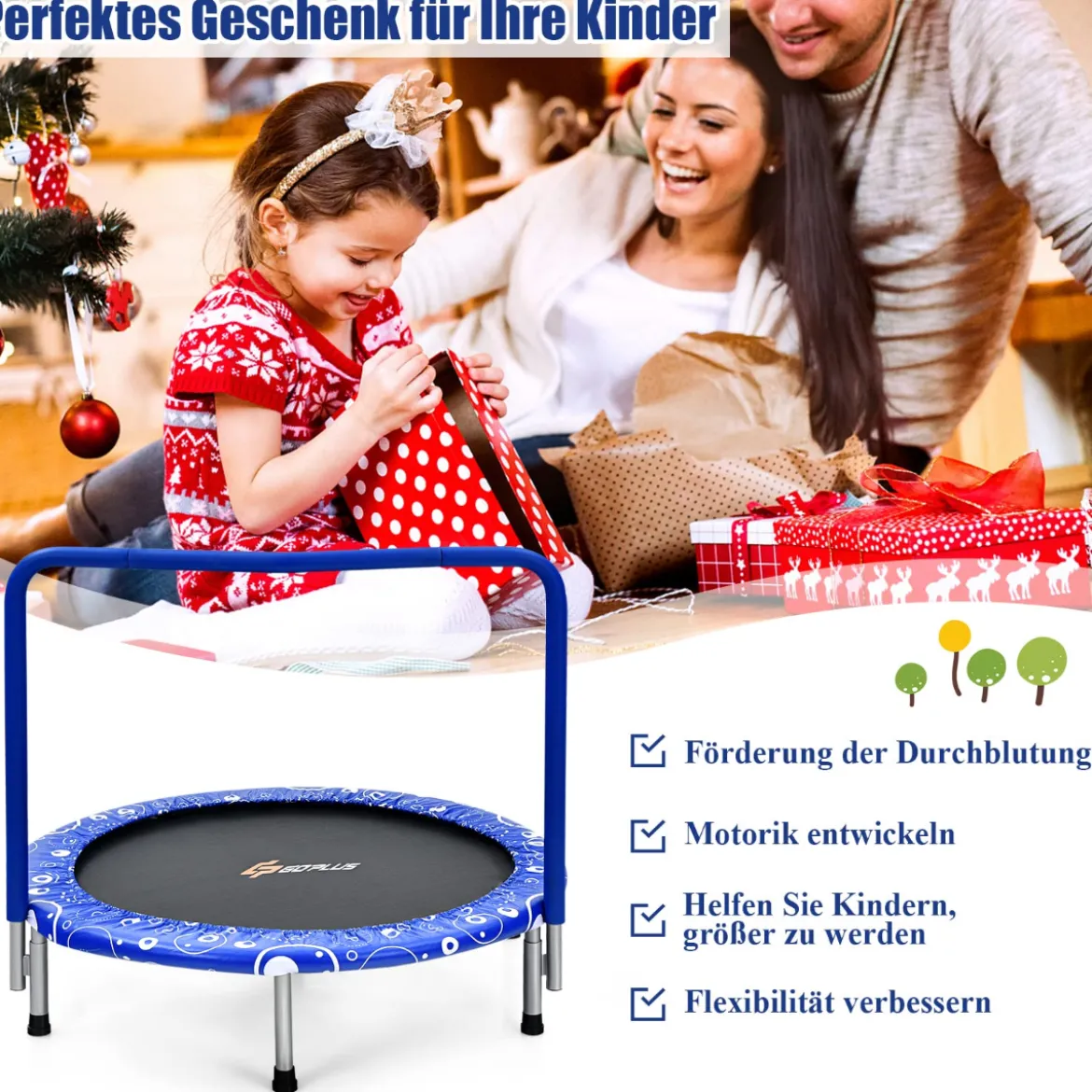 φ92 cm Kindertrampolin mit Griff Mini-Trampolin bis 150kg Belastbar Klappbares Trampolin