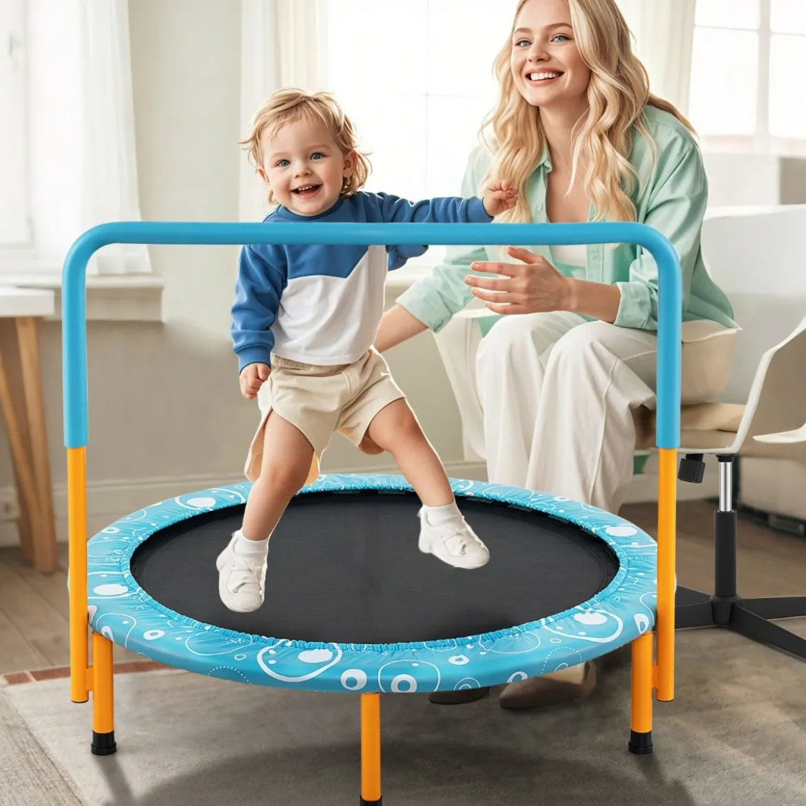 φ92 cm Kindertrampolin mit Griff Mini-Trampolin bis 150kg Belastbar Klappbares Trampolin