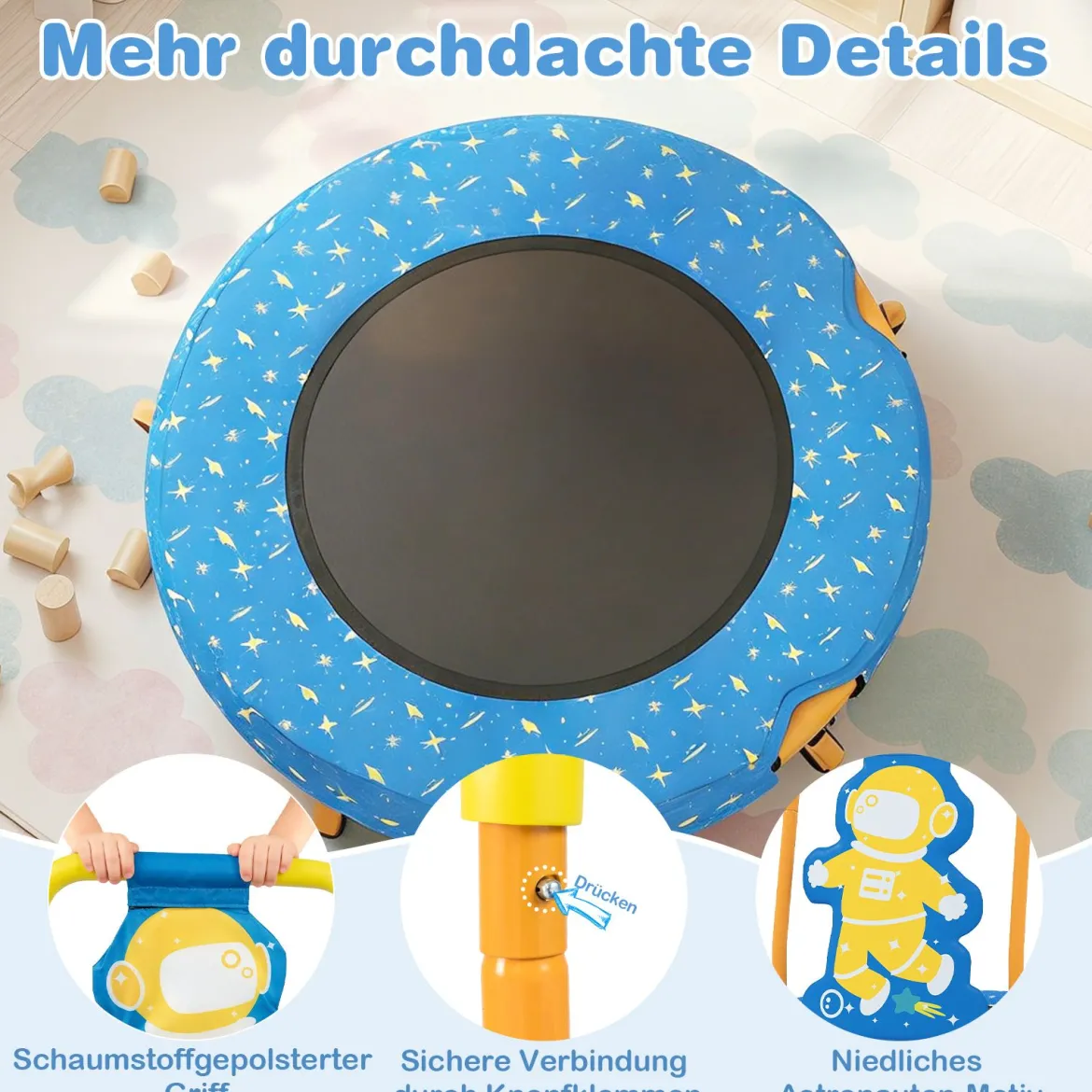 φ71cm Kinder Trampolin mit Griff & Randabdeckung Mini-Trampolin mit Astronauten-Motiv Kindertrampolin