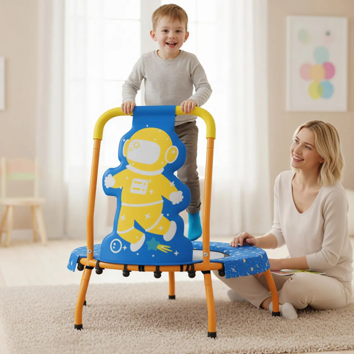 φ71cm Kinder Trampolin mit Griff & Randabdeckung Mini-Trampolin mit Astronauten-Motiv Kindertrampolin