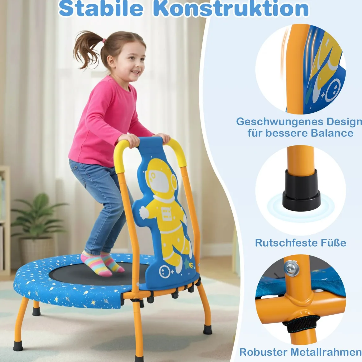 φ71cm Kinder Trampolin mit Griff & Randabdeckung Mini-Trampolin mit Astronauten-Motiv Kindertrampolin