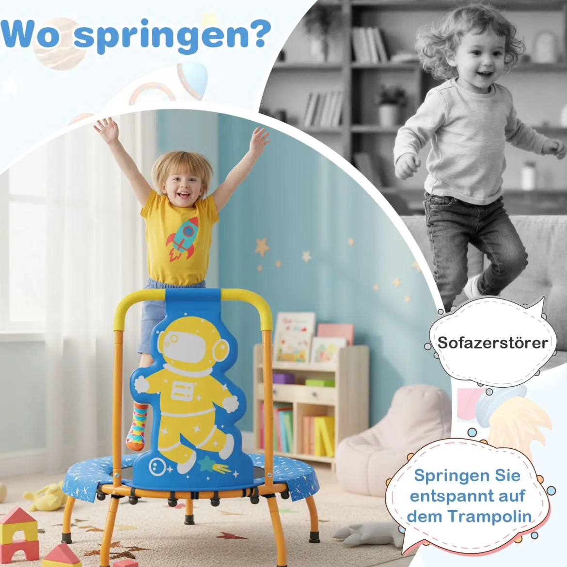 φ71cm Kinder Trampolin mit Griff & Randabdeckung Mini-Trampolin mit Astronauten-Motiv Kindertrampolin