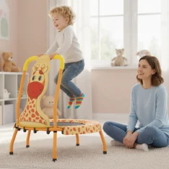 φ71cm Kinder Trampolin mit Griff & Randabdeckung Mini-Trampolin mit Giraffe-Motiv Kindertrampolin