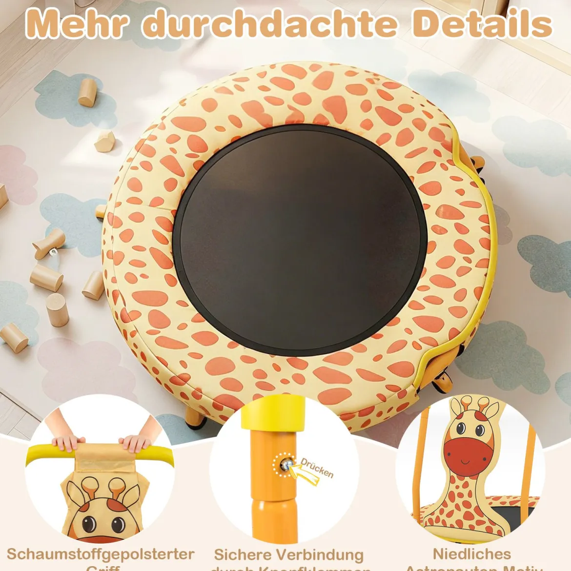 φ71cm Kinder Trampolin mit Griff & Randabdeckung Mini-Trampolin mit Giraffe-Motiv Kindertrampolin