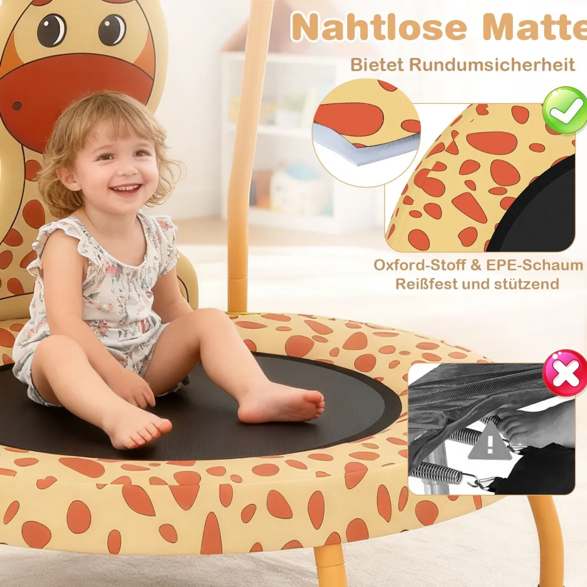 φ71cm Kinder Trampolin mit Griff & Randabdeckung Mini-Trampolin mit Giraffe-Motiv Kindertrampolin