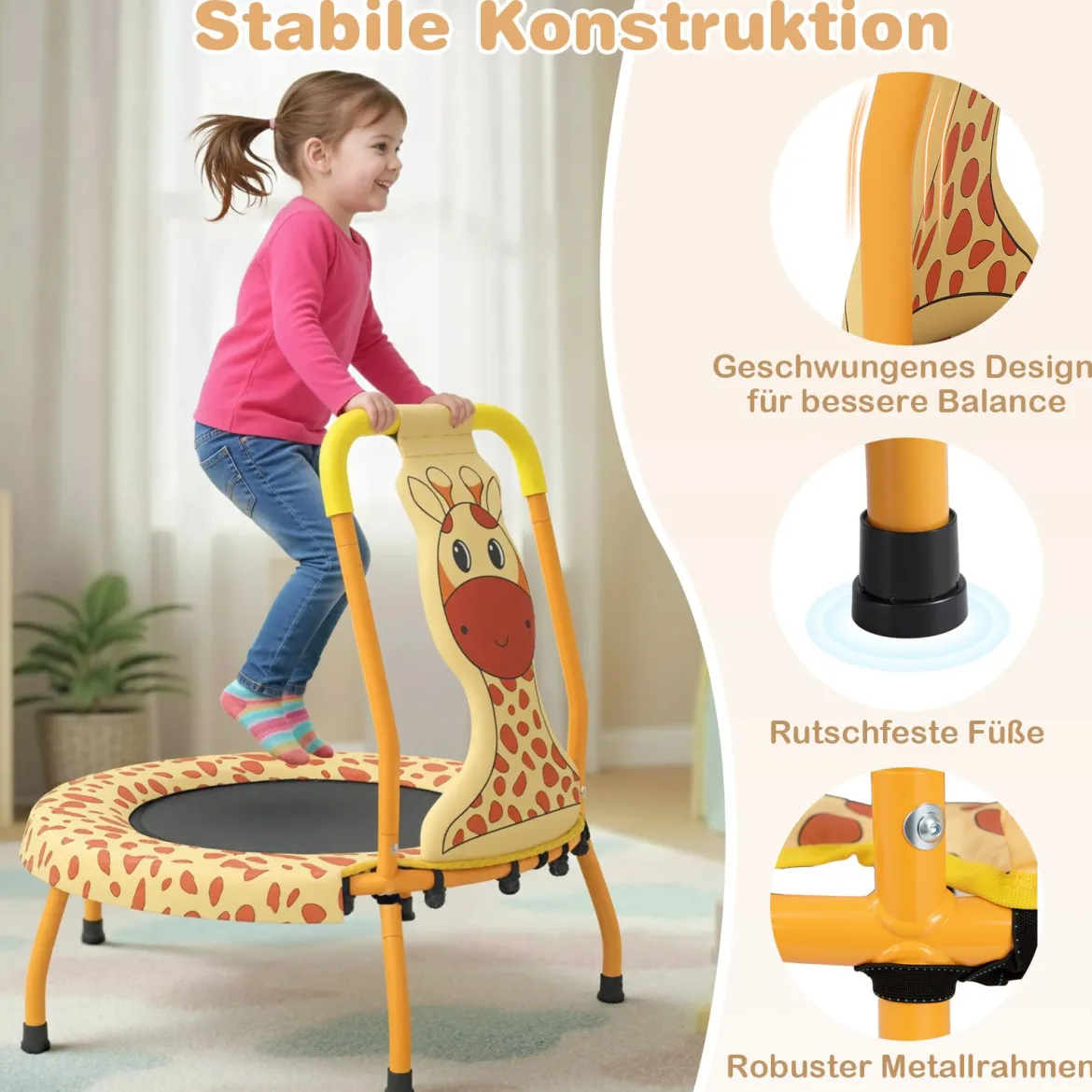 φ71cm Kinder Trampolin mit Griff & Randabdeckung Mini-Trampolin mit Giraffe-Motiv Kindertrampolin