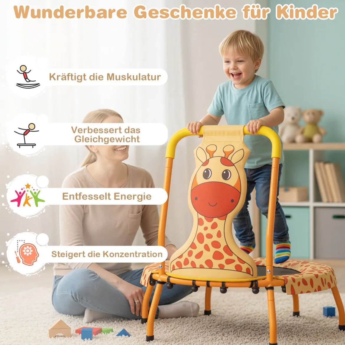 φ71cm Kinder Trampolin mit Griff & Randabdeckung Mini-Trampolin mit Giraffe-Motiv Kindertrampolin