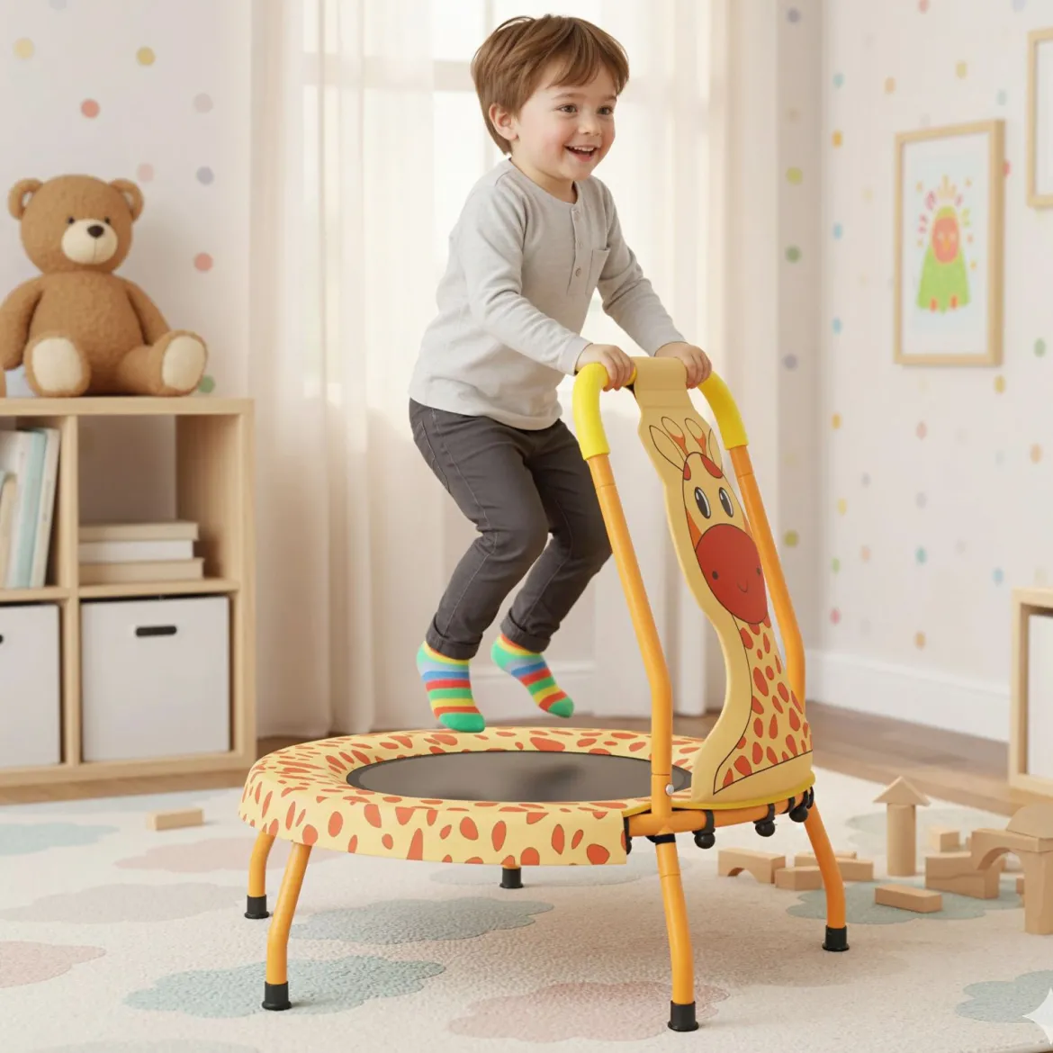 φ71cm Kinder Trampolin mit Griff & Randabdeckung Mini-Trampolin mit Giraffe-Motiv Kindertrampolin