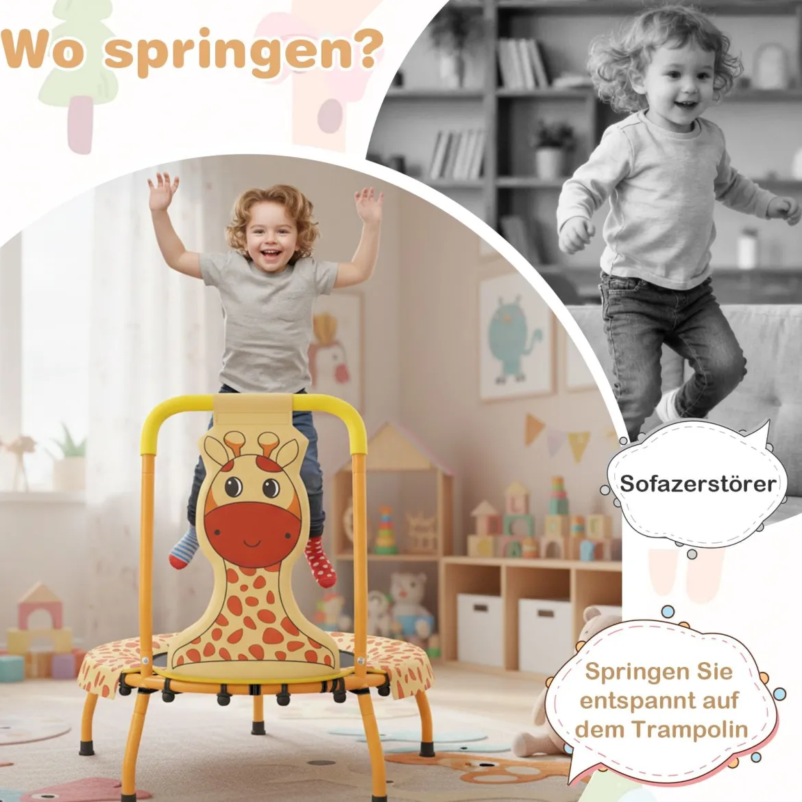 φ71cm Kinder Trampolin mit Griff & Randabdeckung Mini-Trampolin mit Giraffe-Motiv Kindertrampolin