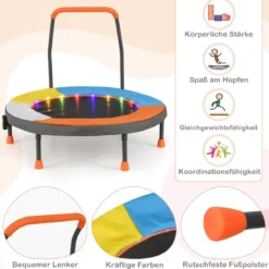 Ø90 cm Kindertrampolin mit LED Beleuchtung & Griff & Tragetasche Mini Trampolin Garten
