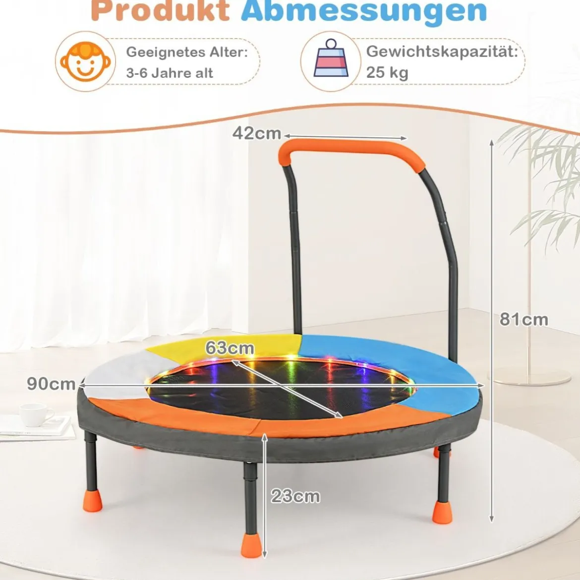 Ø90 cm Kindertrampolin mit LED Beleuchtung & Griff & Tragetasche Mini Trampolin Garten