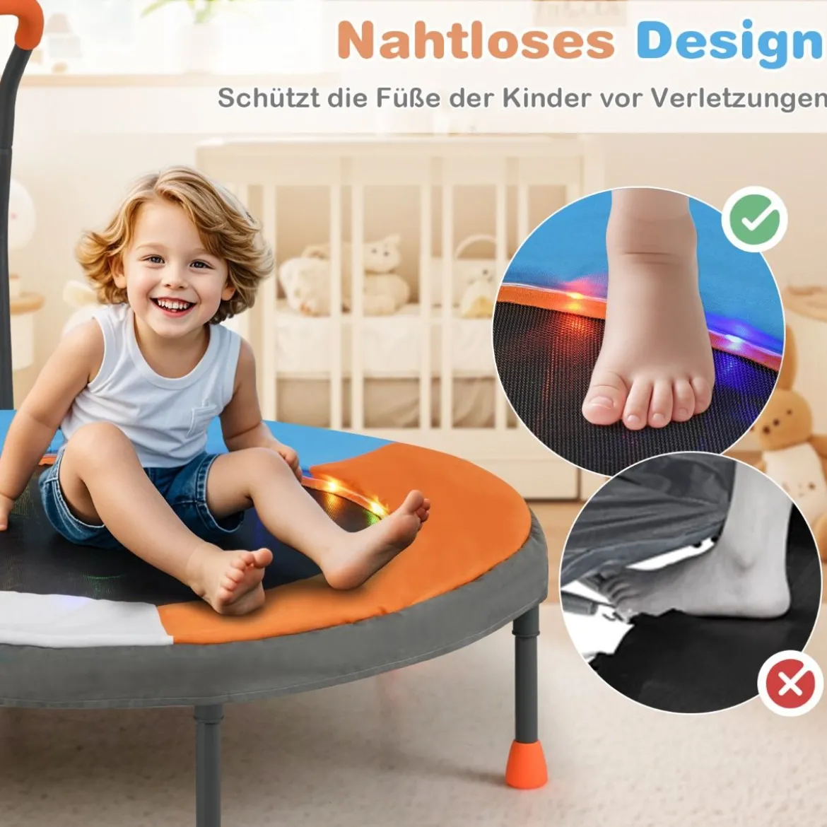 Ø90 cm Kindertrampolin mit LED Beleuchtung & Griff & Tragetasche Mini Trampolin Garten