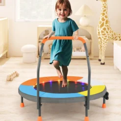 Ø90 cm Kindertrampolin mit LED Beleuchtung & Griff & Tragetasche Mini Trampolin Garten