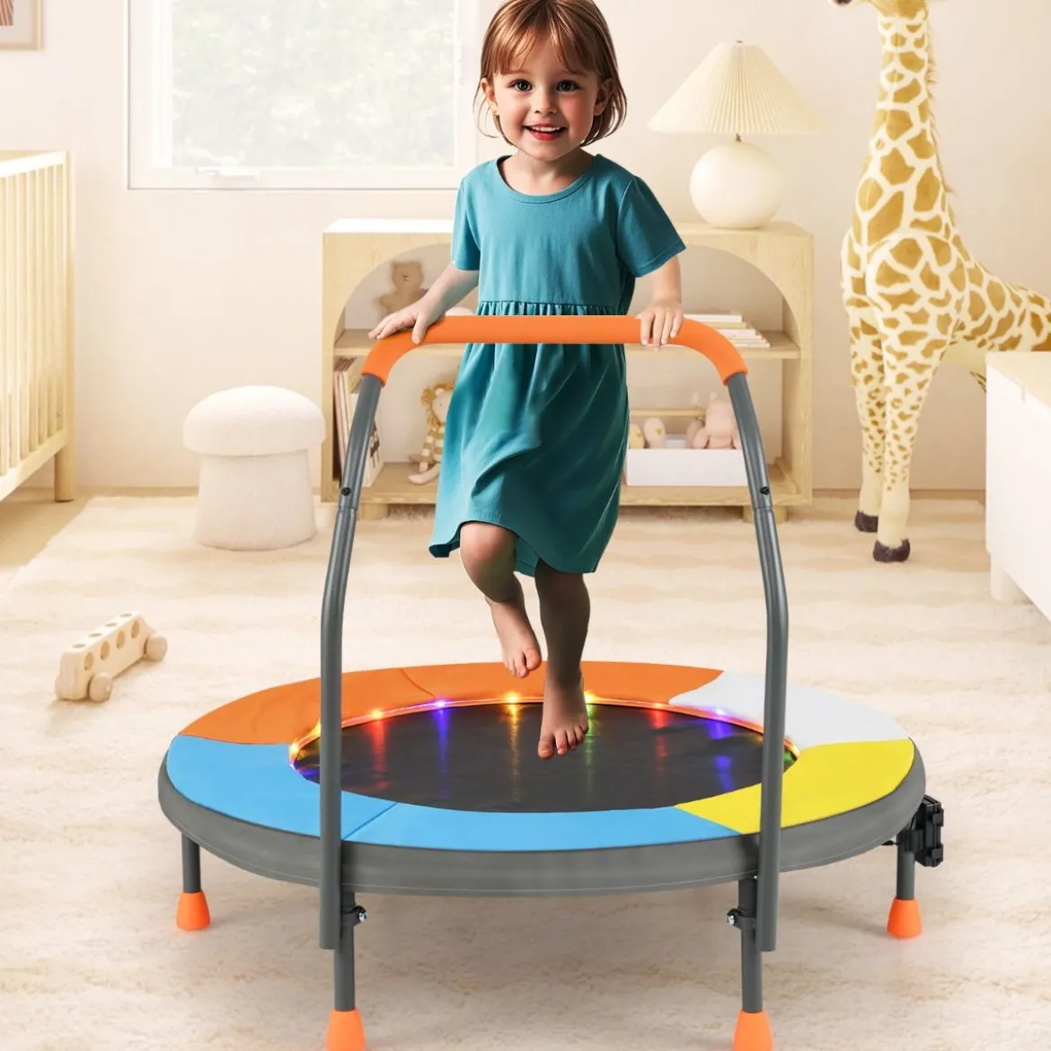 Ø90 cm Kindertrampolin mit LED Beleuchtung & Griff & Tragetasche Mini Trampolin Garten