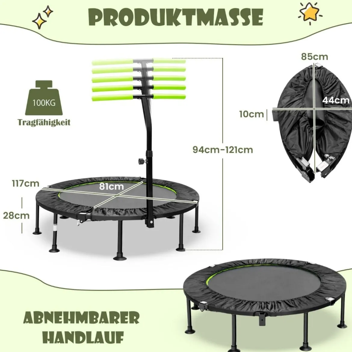 φ117cm Klappbares Mini Trampolin mit Höhenverstellbarem Griff Kindertrampolin