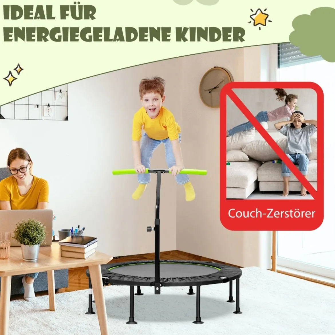 φ117cm Klappbares Mini Trampolin mit Höhenverstellbarem Griff Kindertrampolin