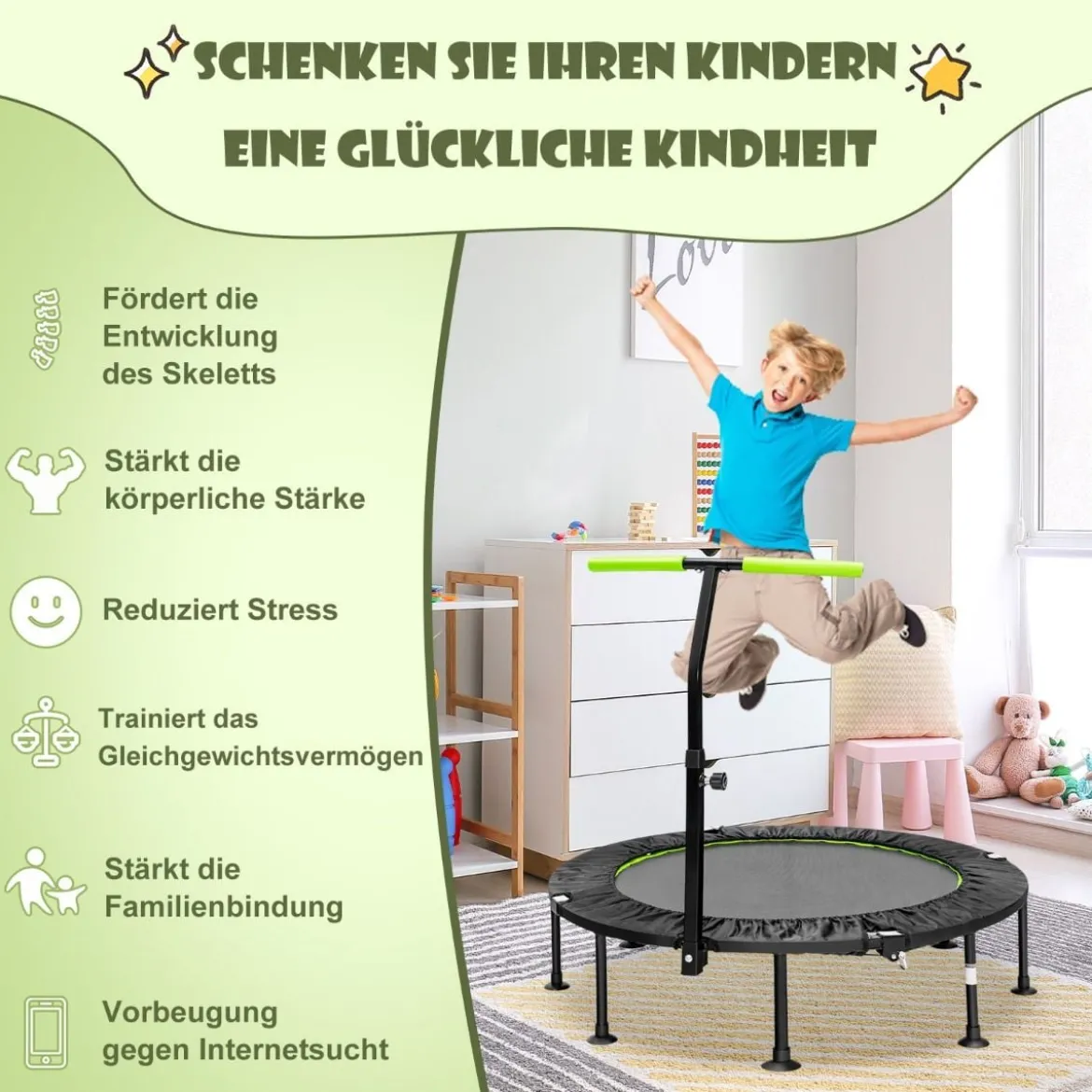 φ117cm Klappbares Mini Trampolin mit Höhenverstellbarem Griff Kindertrampolin