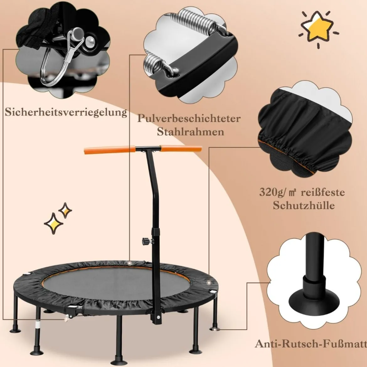 φ117cm Klappbares Mini Trampolin mit Höhenverstellbarem Griff Kindertrampolin