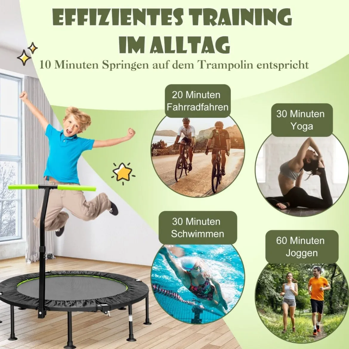 φ117cm Klappbares Mini Trampolin mit Höhenverstellbarem Griff Kindertrampolin