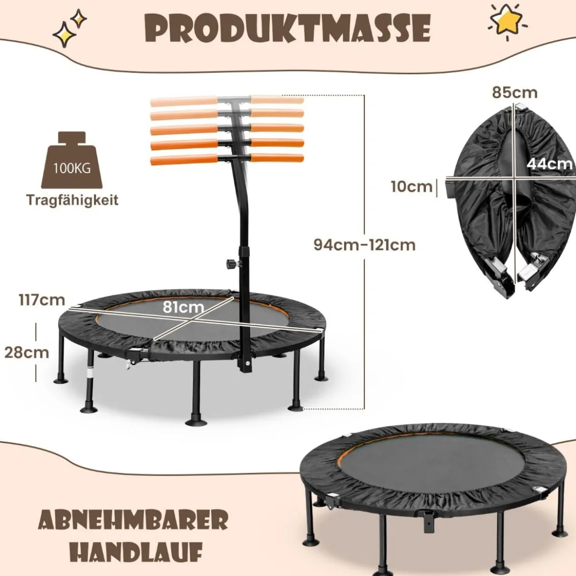 φ117cm Klappbares Mini Trampolin mit Höhenverstellbarem Griff Kindertrampolin