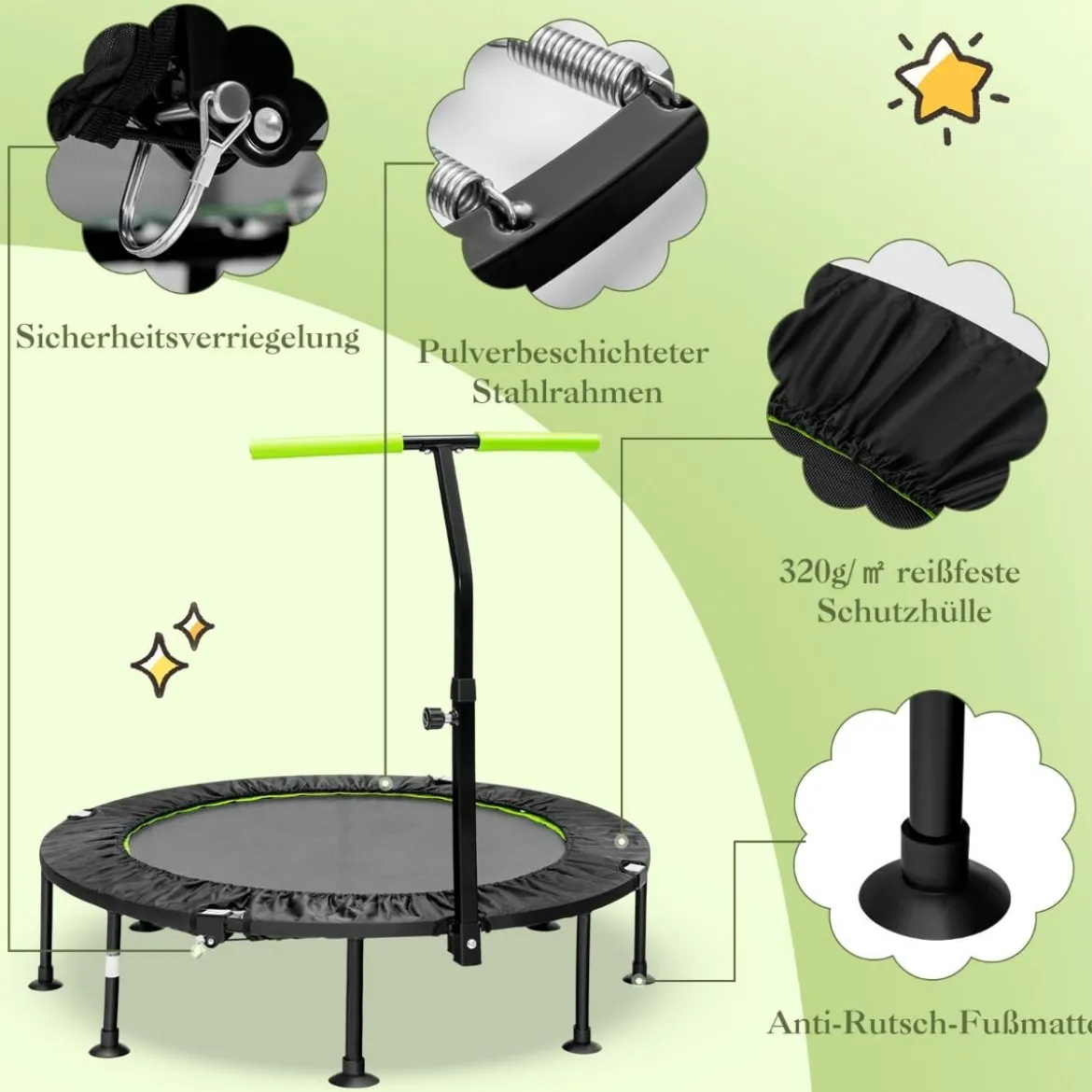 φ117cm Klappbares Mini Trampolin mit Höhenverstellbarem Griff Kindertrampolin
