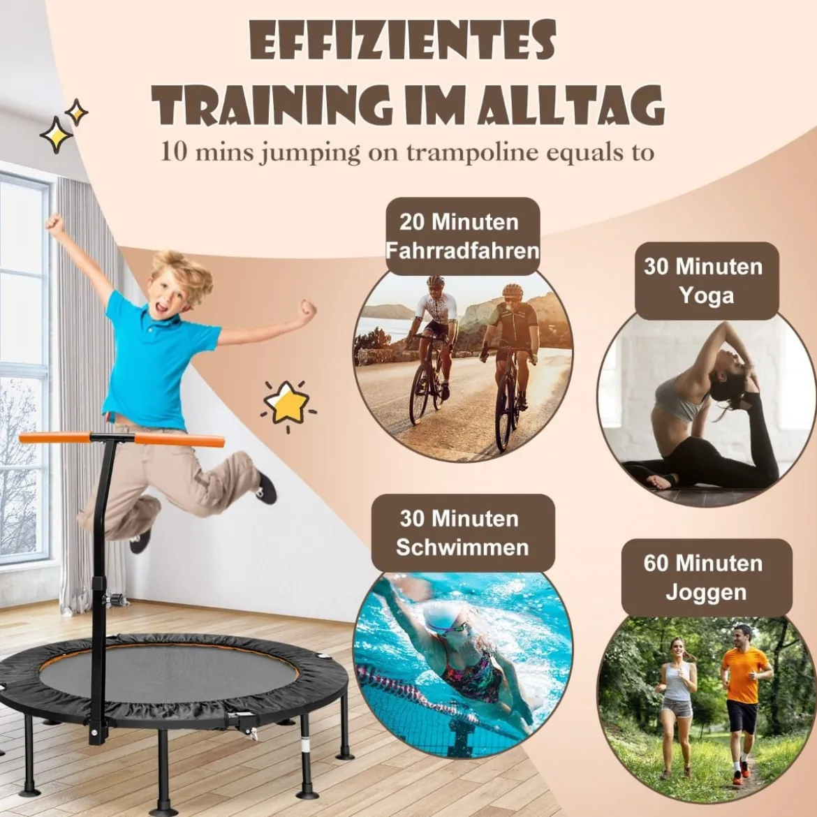 φ117cm Klappbares Mini Trampolin mit Höhenverstellbarem Griff Kindertrampolin
