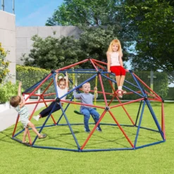 Ø 305cm Kletterkuppel mit Schaukel Klettergerüst in Kuppelform Kletterleiter 363 kg Belastbar Rot