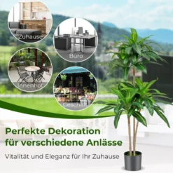 140 cm Künstliche Pflanze Dracena mit Topf & 92 Blättern Kunstpflanze Kunstbaum Palme Grün