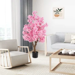 120 cm Künstlicher Kirschblütenbaum Faux blühender Blumenbaum mit Rosa Blüten mehrzweig PE-Stamm