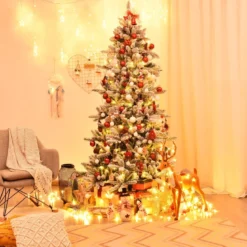 210 cm Künstlicher Schneebedeckter Bleistift Weihnachtsbaum mit Kiefernzapfen Grün + Weiß