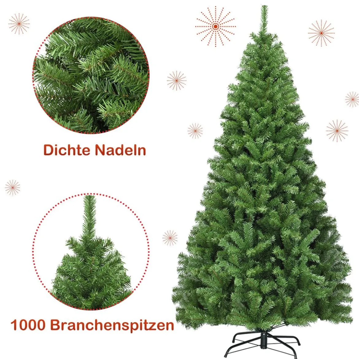 180cm Künstlicher Weihnachtsbaum Tannenbaum Christbaum mit 1.000 PVC-Tannennadeln Grün