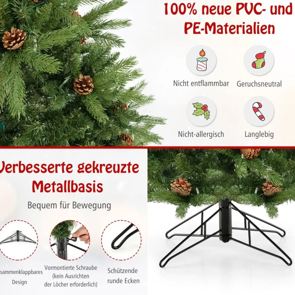 180 cm Künstlicher Weihnachtsbaum mit Beleuchtung & 3 Lichtmodi & Timer Tannenbaum