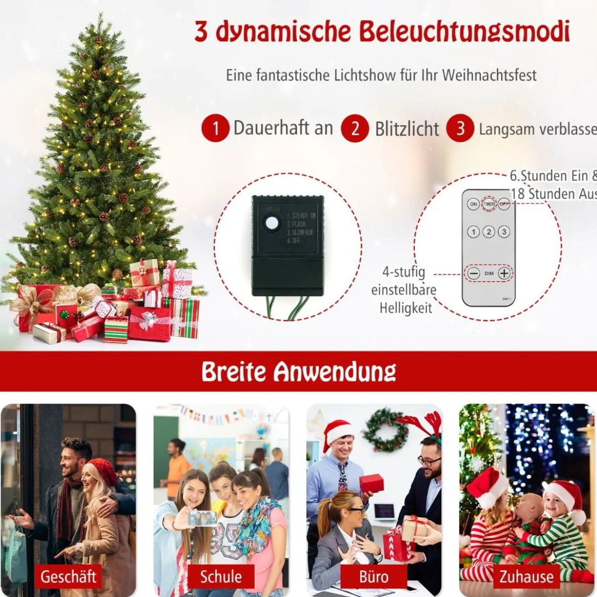 180 cm Künstlicher Weihnachtsbaum mit Beleuchtung & 3 Lichtmodi & Timer Tannenbaum