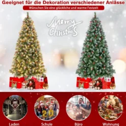195 cm Künstlicher Weihnachtsbaum mit Beleuchtung & Schnee & Tannenzapfen & Roten Beeren