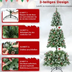 195 cm Künstlicher Weihnachtsbaum mit Beleuchtung & Schnee & Tannenzapfen & Roten Beeren