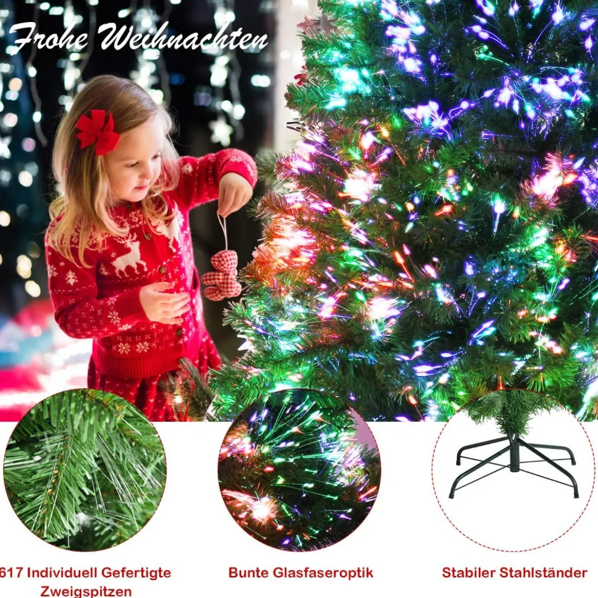 180 cm Künstlicher Weihnachtsbaum mit Glasfaseroptik Festtagsbaum mit Metallständer Grün