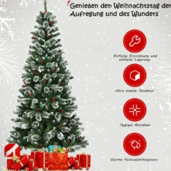 150/180/210/240 cm Künstlicher Weihnachtsbaum mit Schneeflocken roten Beeren und Kiefernzapfen Grün