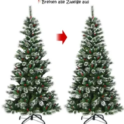 150/180/210/240 cm Künstlicher Weihnachtsbaum mit Schneeflocken roten Beeren und Kiefernzapfen Grün