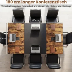180 cm Konferenztisch großer Besprechungstisch holz für 6-8 Personen Rechteckiger Meetingtisch Rustikal Braun & Schwarz