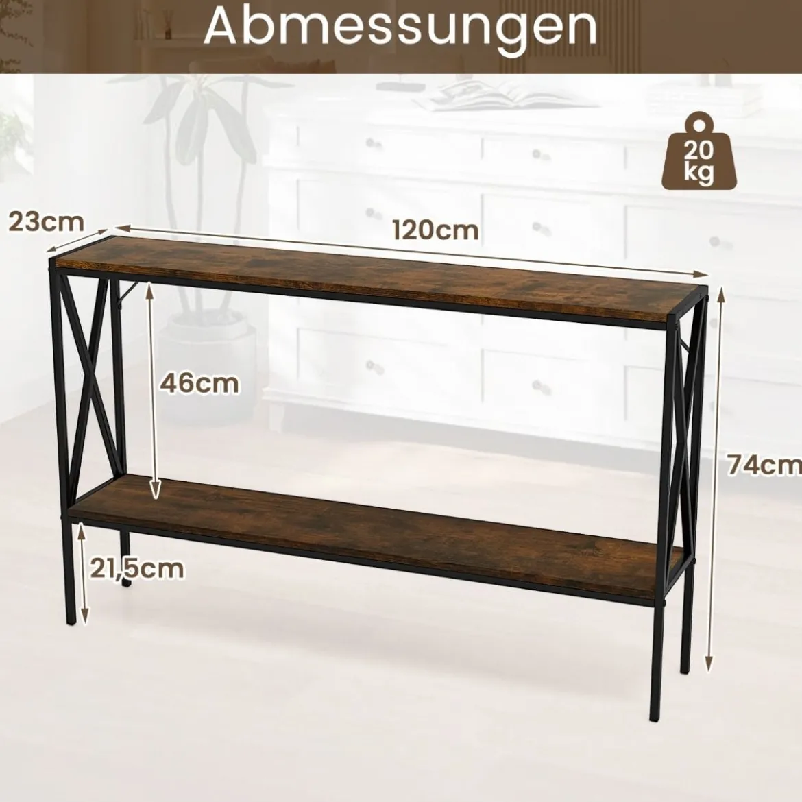 120 cm Konsolentisch Eingangstisch schmal Sofatisch mit geometrischem Metallrahmen
