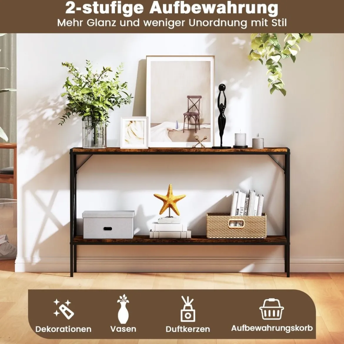 120 cm Konsolentisch Eingangstisch schmal Sofatisch mit geometrischem Metallrahmen