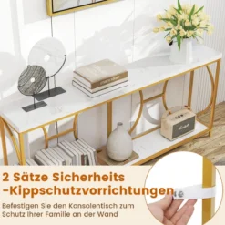 180cm Konsolentisch Eingangstisch schmal Marmor Optik Sofatisch mit geometrischem Metallrahmen