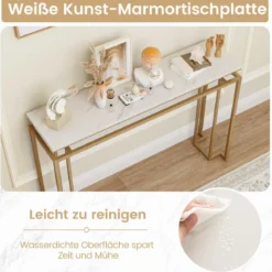 120 cm Konsolentisch mit Kunstmarmor Tischplatte & Geometrischem Metallrahmen Flurtisch Golden