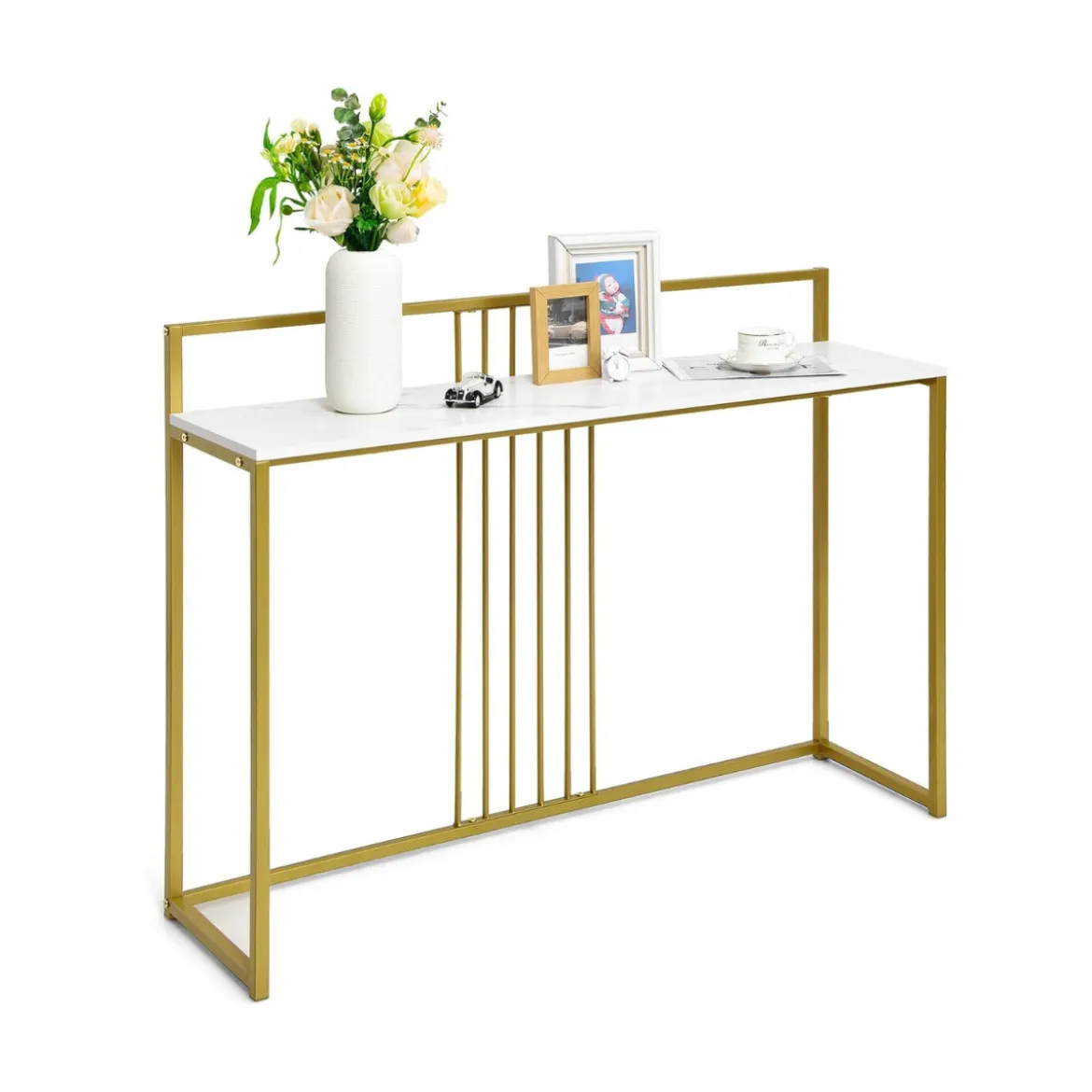 120 cm Konsolentisch mit Marmoroptik & Goldfarbenem Metallgestell Moderner Flurtisch Weiß